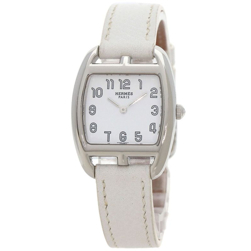 Hermes Ct1210 Cape Cod Tonneau Wristwatch SS Leather Ladies