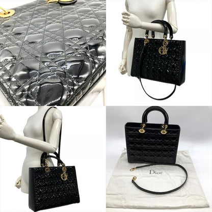 Dior Lady Dior Large Cannage Handbag Patent Leather Black Gold Hardware Women