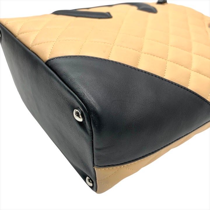 Chanel Cambon Quilted Leather CC Logo Hand Bag Beige Black Bag