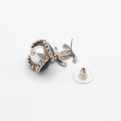 Chanel Earrings Earring Silver Black Coco Mark Rhinestone Flower