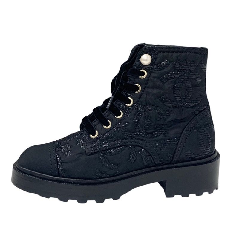 Chanel Boots Short Boots Shoes Fabric Black Here Mark Lace Up Pearl