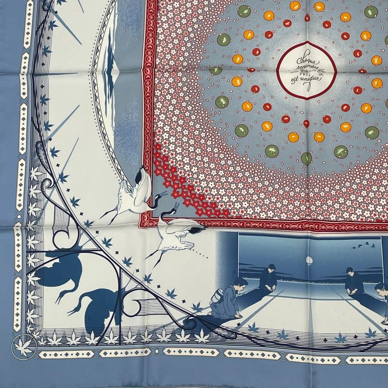 Hermes Carre 90 Chaque Rencontre EST Unique Once In A Lifetime Scarf Blue