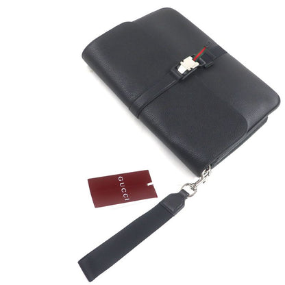 Gucci 816755 Web Stripe Leather Flap Business Case Clutch Bag Black Storage