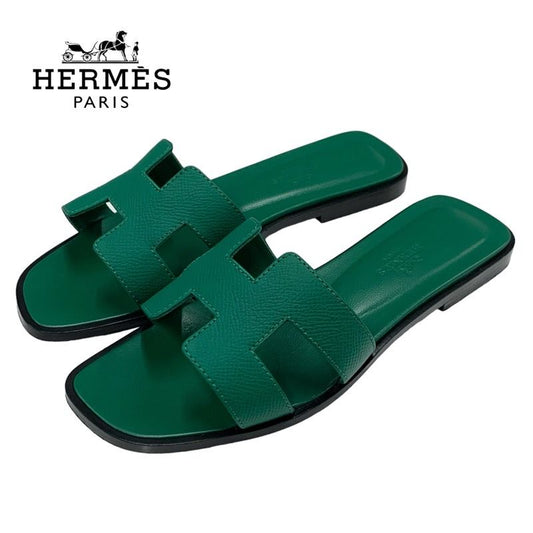 Hermes Oran Sandals Shoes Leather Green Flat Sandals Mules
