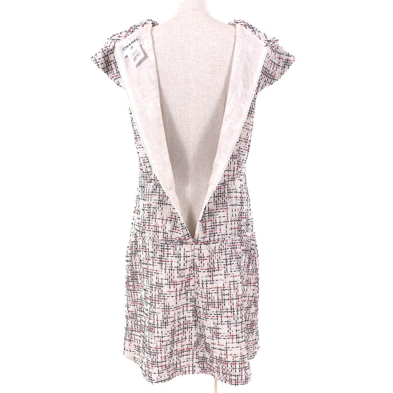 CHANEL P50967 Cotton Coco Mark Button French Sleeve Tweed Dress Ivory Black Red