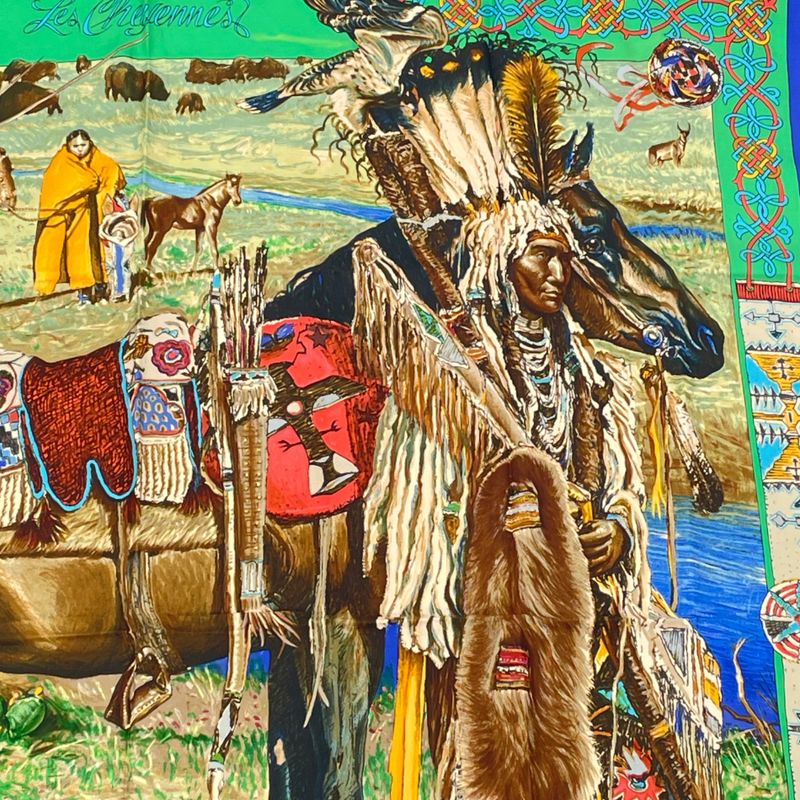 Hermes Les Cheyennes Cheyenne Carre 90 Silk Navy Multicolor