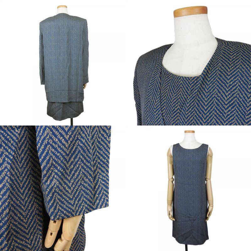 Yves Saint Laurent Ensemble 36 Acetate Rayon Green Beige Dress Jacket Herringbon