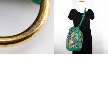 Hermes One Shoulder Botanical Pattern Bird Pattern Vintage Cotton Green Women