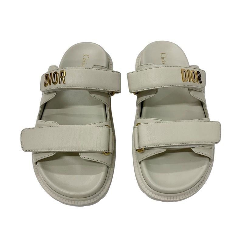 Christian Dioract Sandals Shoes Leather Ivory Gold Logo Velcro Strap
