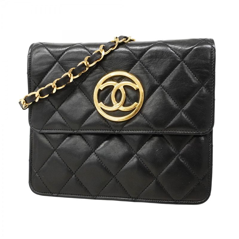 Chanel Shoulder Bag Matelasse Lambskin Black Gold Hardware Women