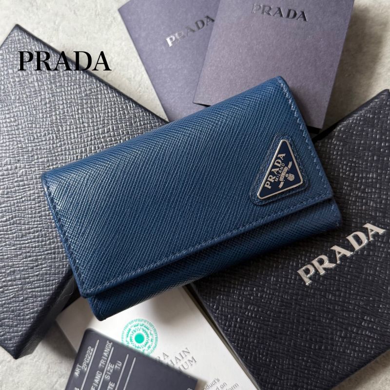 Prada Triangle 6 Continuous Key Case Saffiano Leather Rfid Navy Triangle Logo