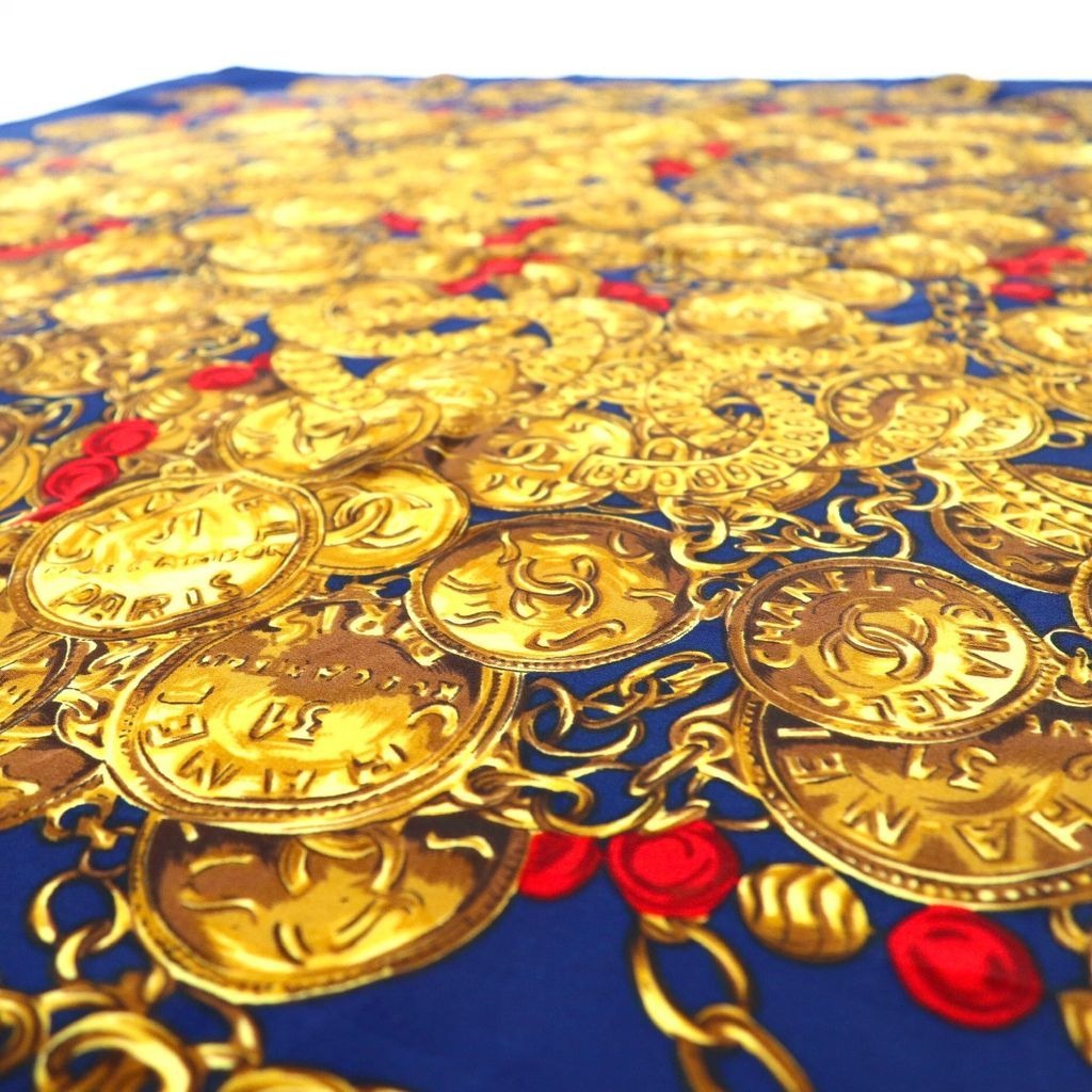 Chanel Scarf Navy Blue and Gold Silk All-Over Print Coco Mark Chain Jewelry