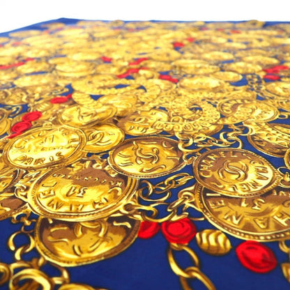 Chanel Scarf Navy Blue and Gold Silk All-Over Print Coco Mark Chain Jewelry