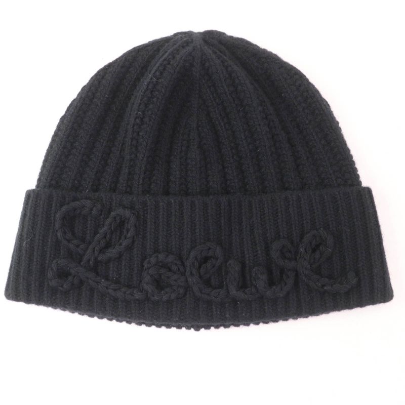 LOEWE Ksa9ot7x01 100% Wool Logo Embroidered Beanie Knit Hat Knit Cap Black Made