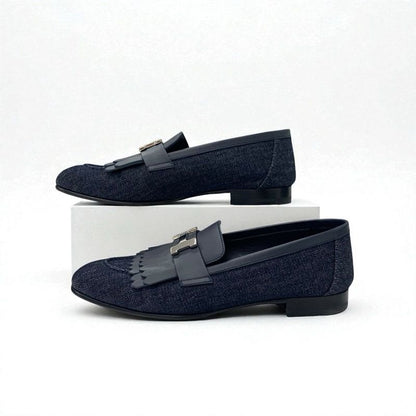 Hermes Royale Loafers Leather Shoes Denim Navy Silver Hhardware Fringe