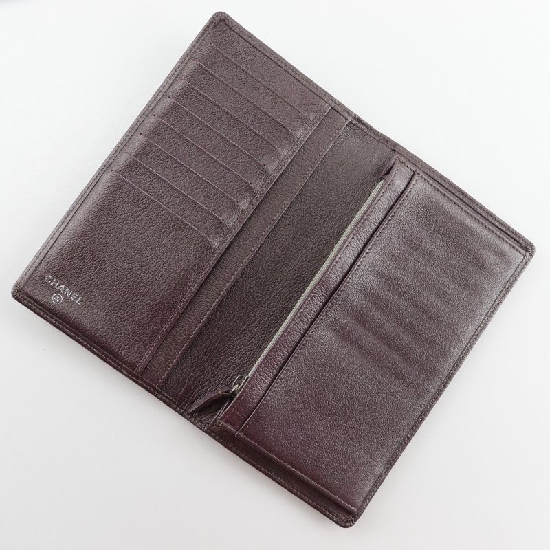 Chanel Camellia Coco Mark Leather Metallic Purple Women's Long Wallet