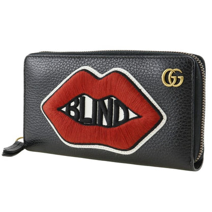 Gucci Round Zipper Embroidery GG Marmont Leather Black Unisex Long Wallet