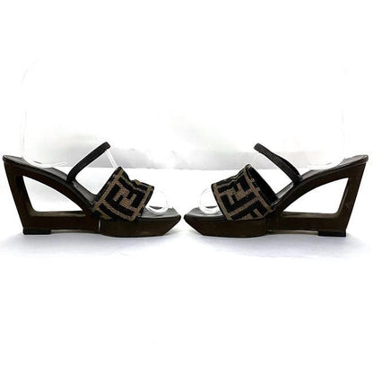 Fendi Sandals Khaki Brown Zucca Heels 22.5cm (8.86in)
