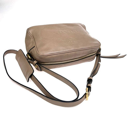 Prada Shoulder Bag Logo Shape Stamped Beige Leather 25ka868
