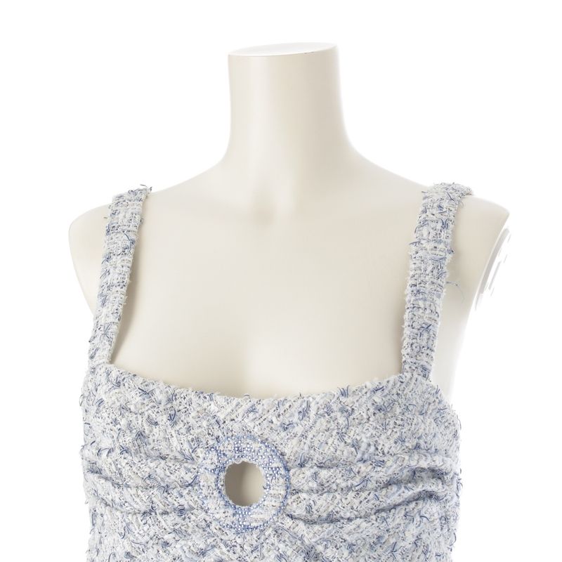 Chanel Circle Cut Out Rhinestone Tweed Mini Sleeveless Dress P60222 Blue 40