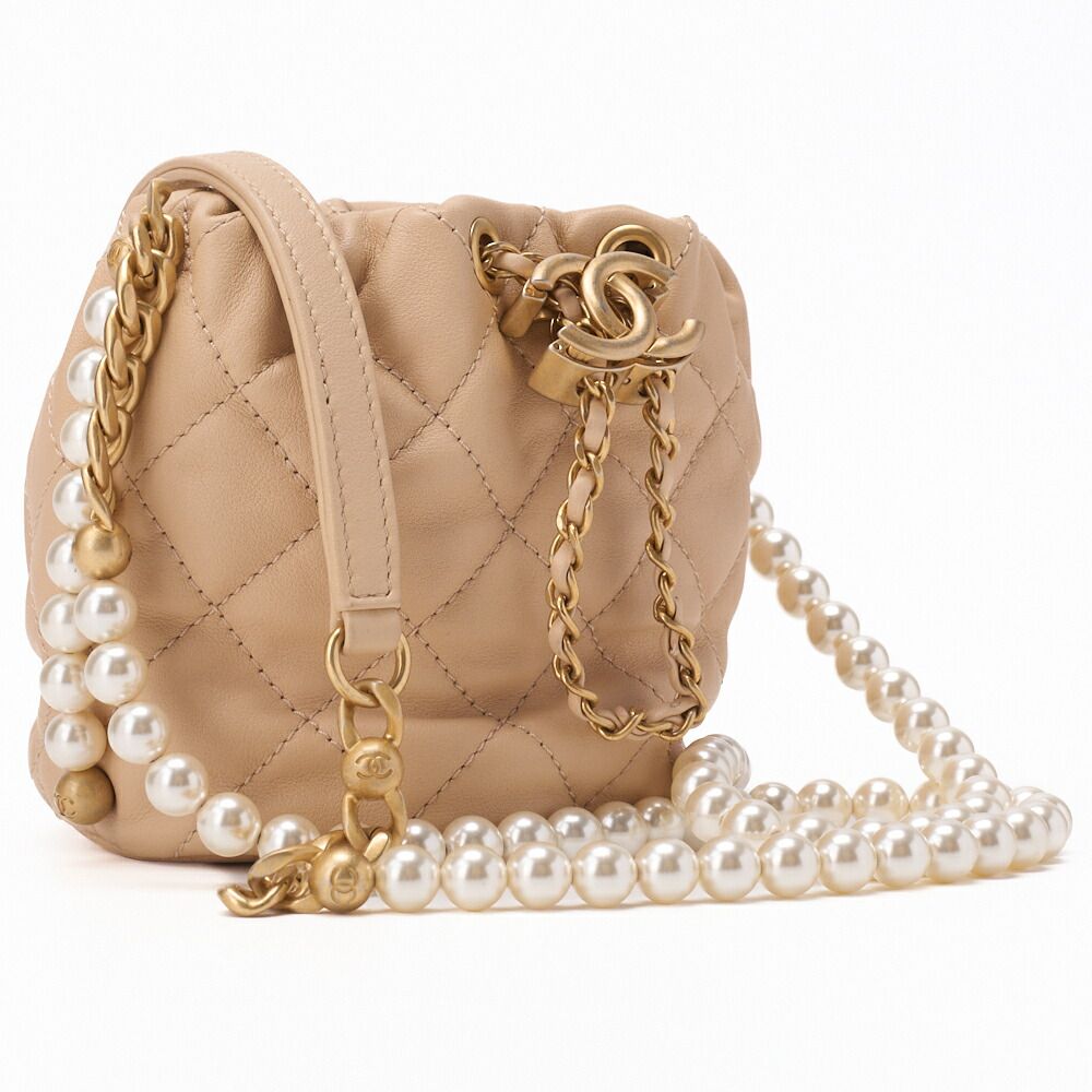 Chanel Matelasse Pearl Drawstring Chain Shoulder Lamb Skin Beige With Gold