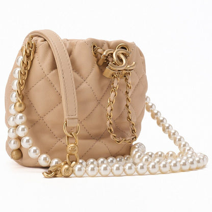 Chanel Matelasse Pearl Drawstring Chain Shoulder Lamb Skin Beige With Gold