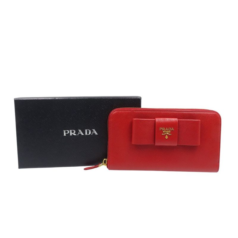 Prada Ribbon 1m0506 Saffiano Leather Gold Hardware Red Round Zipper Long Wallet