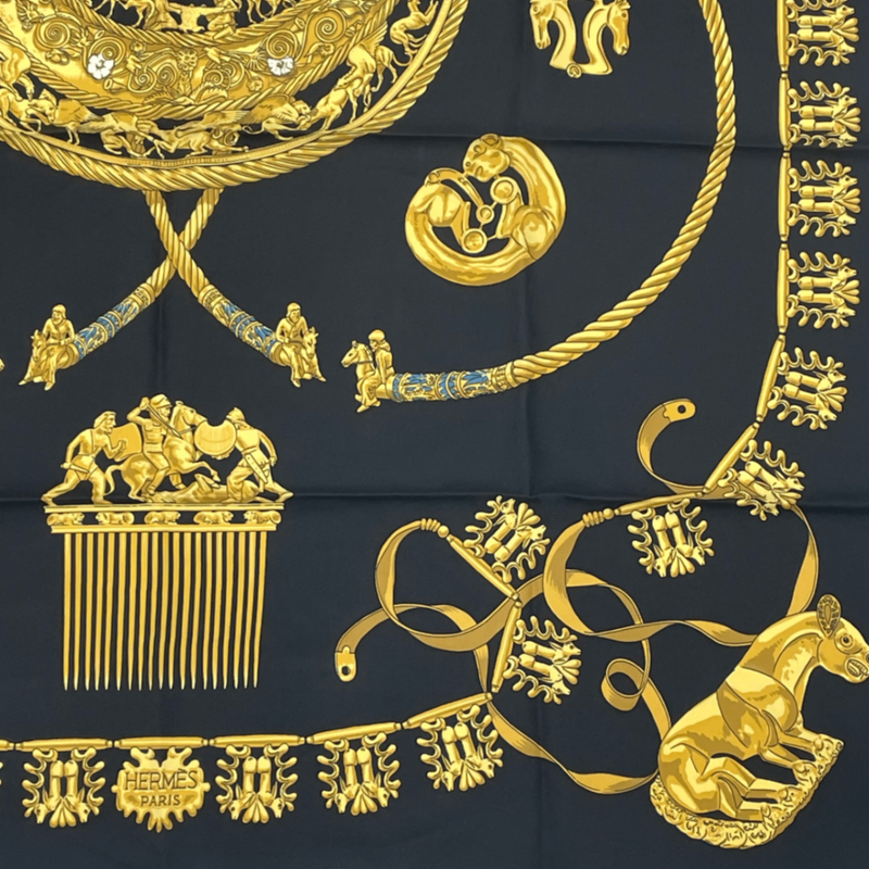 Hermes Carre 90 LES Cavaliers D'OR Golden Knight Scarf Silk Gold And Black