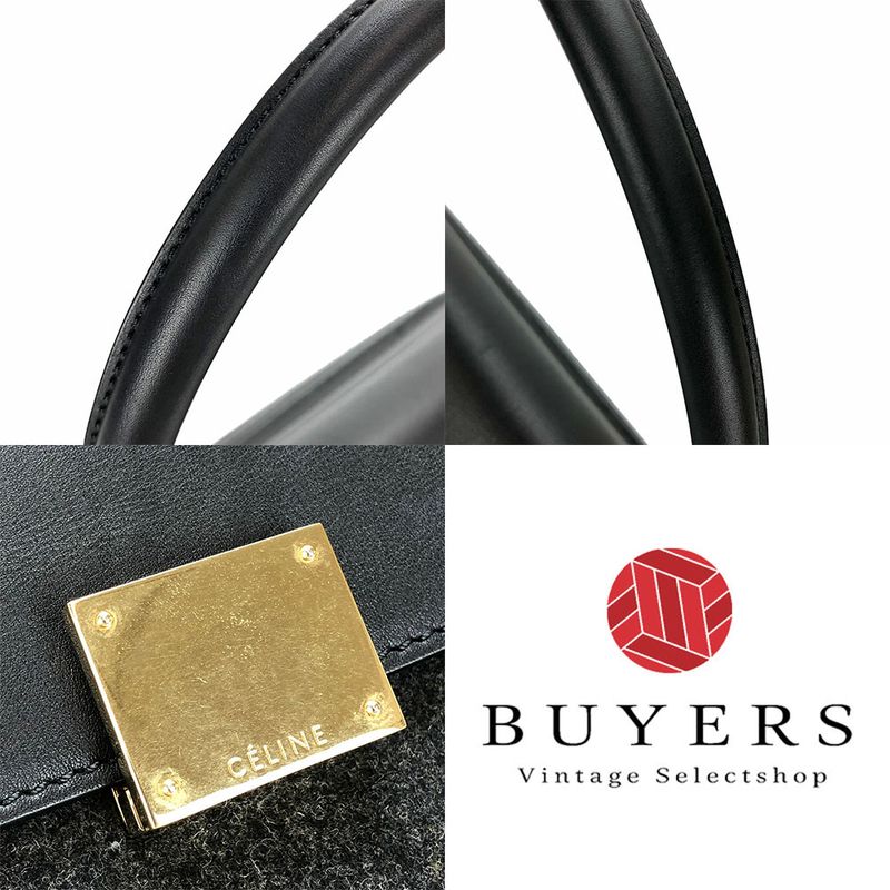 Celine Handbag Trapeze Leather Wool Black Gray Shoulder Women Celine