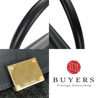 Celine Handbag Trapeze Leather Wool Black Gray Shoulder Women Celine