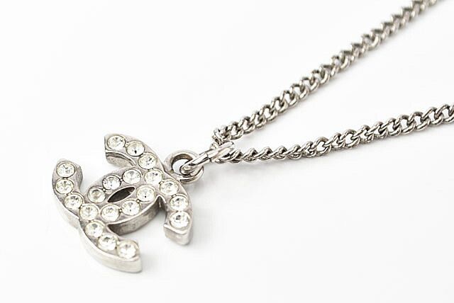 Chanel Necklace Pendant Chanel Coco Mark CC Rhinestone Silver White