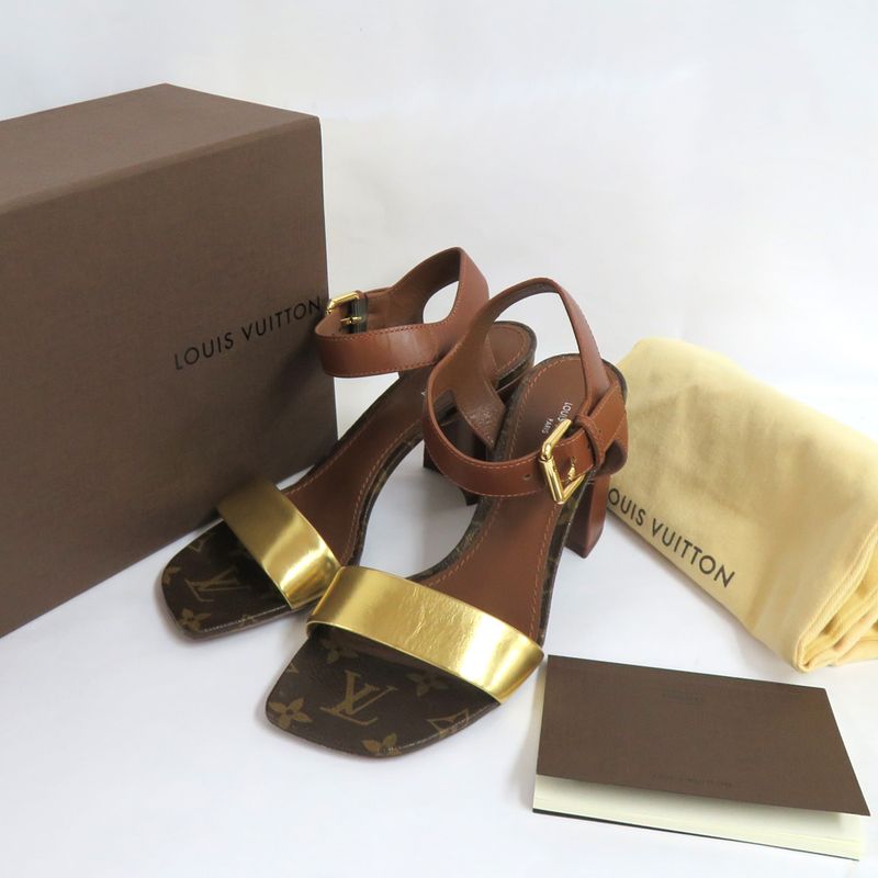Louis Vuitton Monogram Ankle Strap Heel Sandals Brown Gold 36 1 2