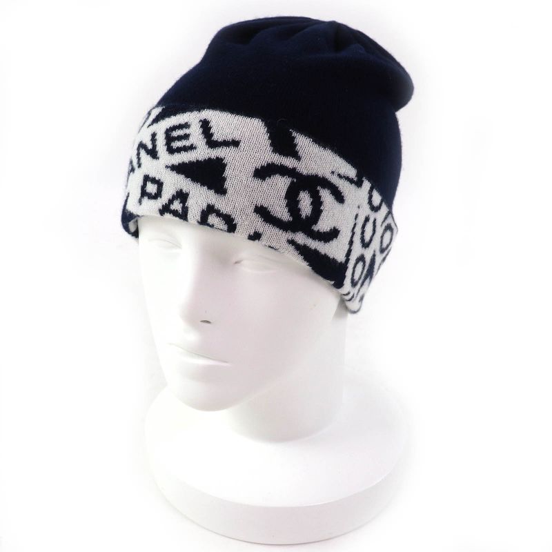 CHANEL Cashmere Cotton Coco-mark Logo Knit Hat Knit Cap Navy White Made In