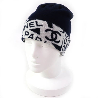 CHANEL Cashmere Cotton Coco-mark Logo Knit Hat Knit Cap Navy White Made In