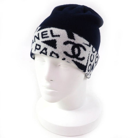 CHANEL Cashmere Cotton Coco-mark Logo Knit Hat Knit Cap Navy White Made In