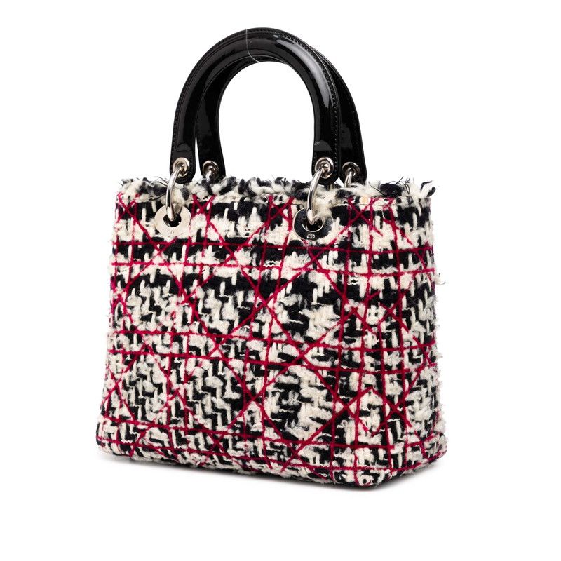 Dior Lady Dior Cannage Handbag Shoulder Bag 2WAY Black White Pink Tweed Leather