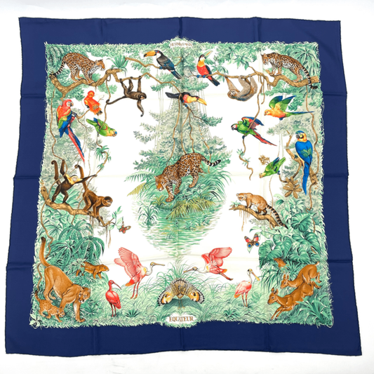 Hermes Scarf Carre 90 Equateur Equatorial Animals Birds All Over Silk Blue