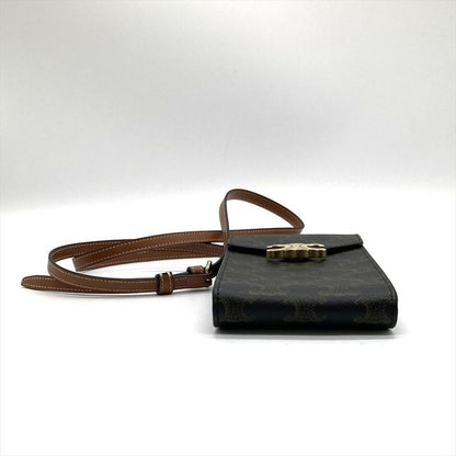 Celine Triomphe Mobile Pouch Pochette Leather Brown Gold Hardware Signature
