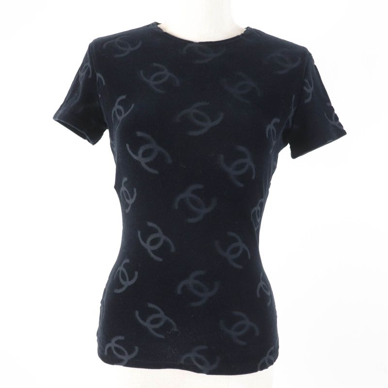 CHANEL Vintage 96P Cotton Coco Mark Design Velour Short Sleeve Top Black 40