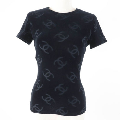 CHANEL Vintage 96P Cotton Coco Mark Design Velour Short Sleeve Top Black 40