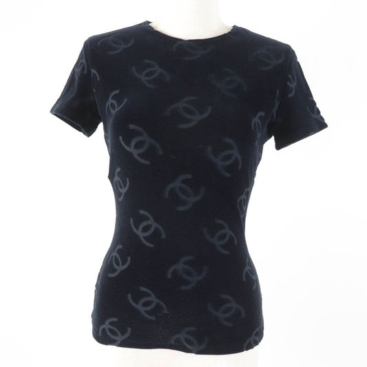 CHANEL Vintage 96P Cotton Coco Mark Design Velour Short Sleeve Top Black 40