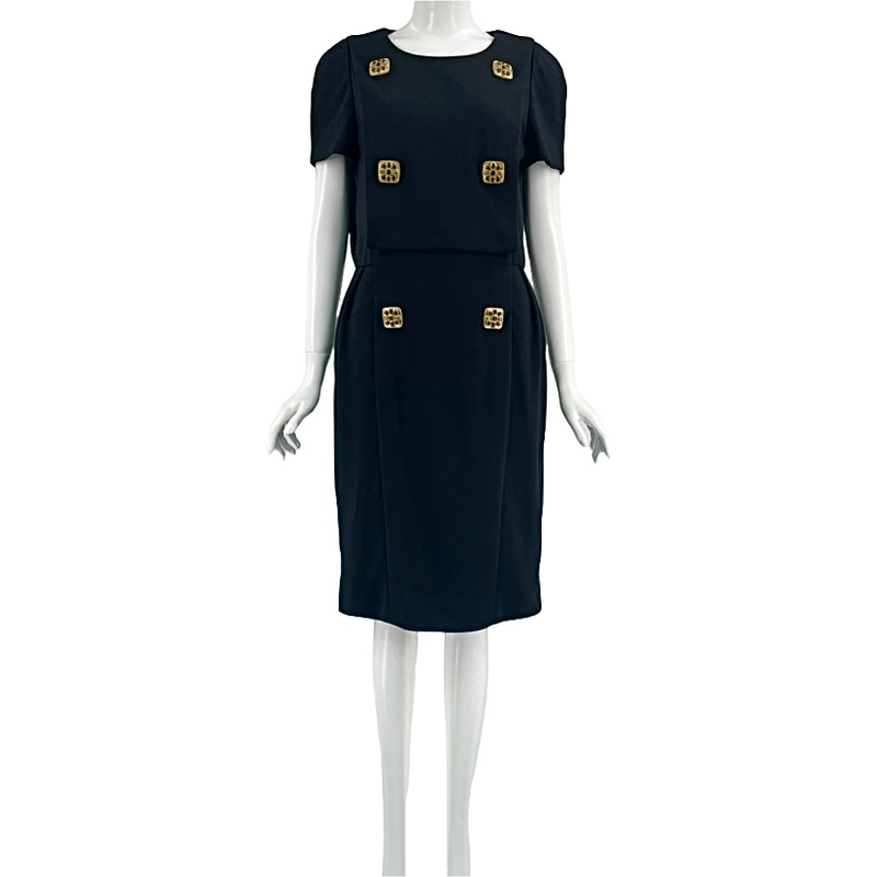 Chanel P41538v22445 Black Gripois Jeweled Wool Dress Size 40 Black