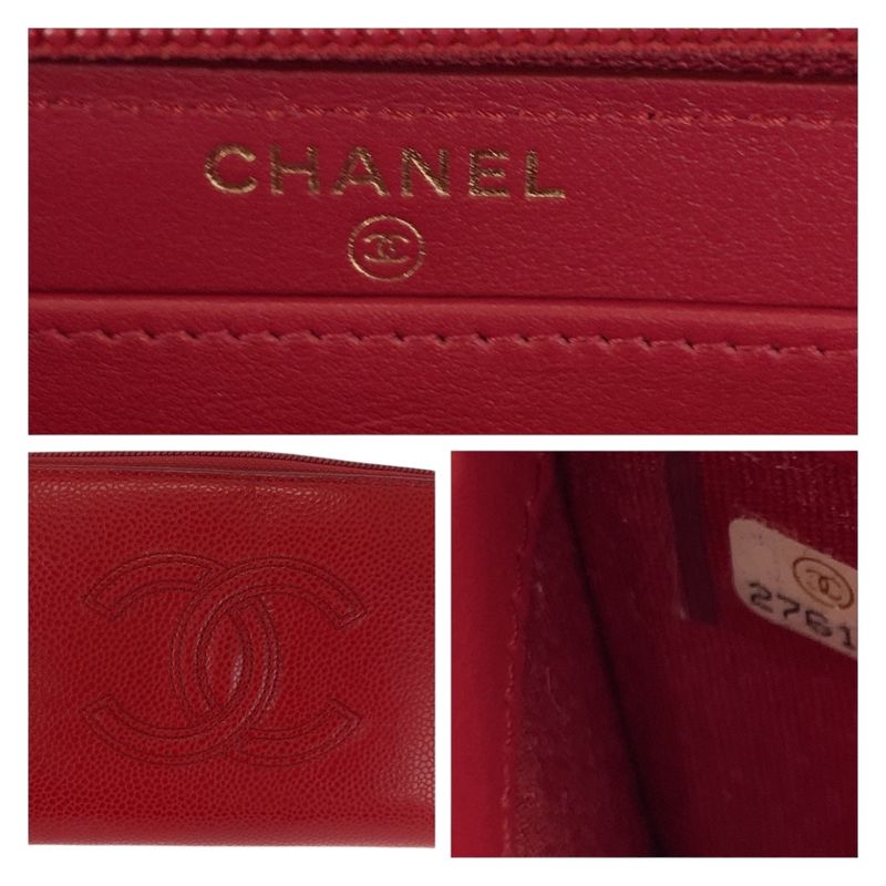 Chanel Coco Mark Red Gold Hardware Leather Long Wallet Round Zipper Ladies