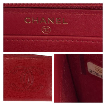 Chanel Coco Mark Red Gold Hardware Leather Long Wallet Round Zipper Ladies