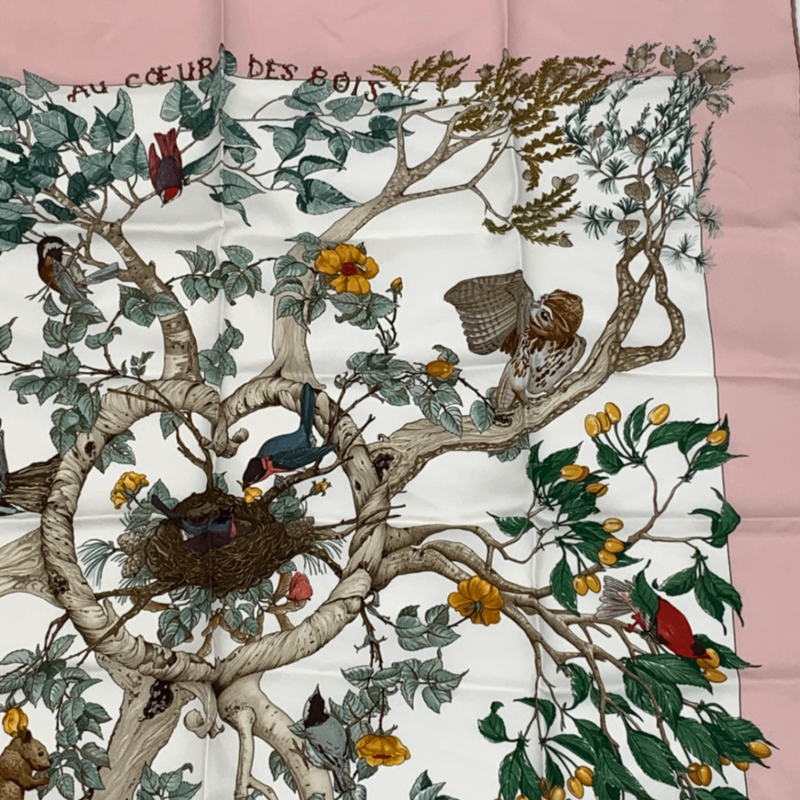 Hermes Carre 90 U Coeur DES BOIS In The Woods Pink 100% Silk Scarf