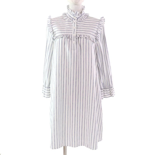 Celine 2r658077i Linen Blend Mini Prairie Stripe Ruffle Dress Shirt Dress White