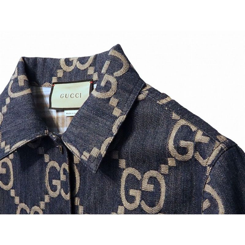 Gucci Jumbo GG Denim Jacket Outerwear Women's Blue Ivory Metal Button #36 Made