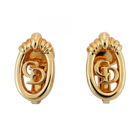 Christian Dior Earring CD Logo Oval GP Plated Gold Ladies