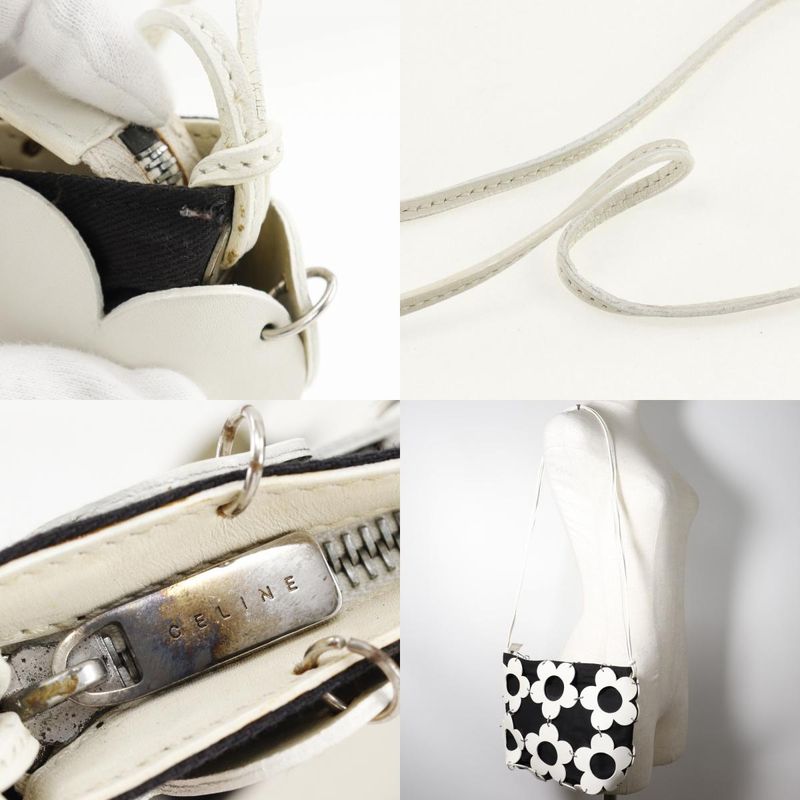 Celine Flower Leather And Canvas Off-white/black Women's Shoulder Bag