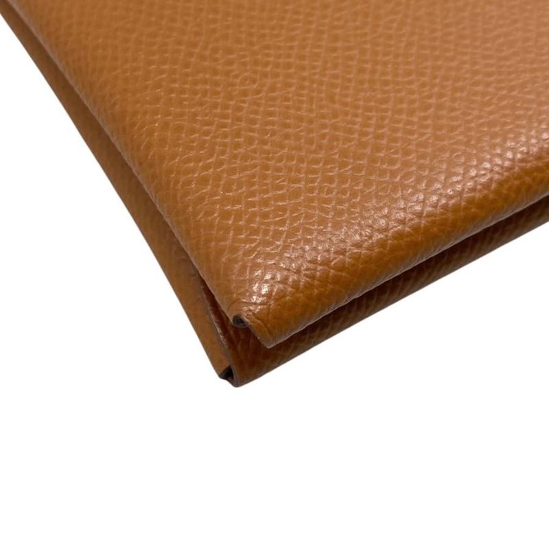 Hermes Card Case Coin Case Calvi Duo Engraved B Gold Brown Silver Hardware